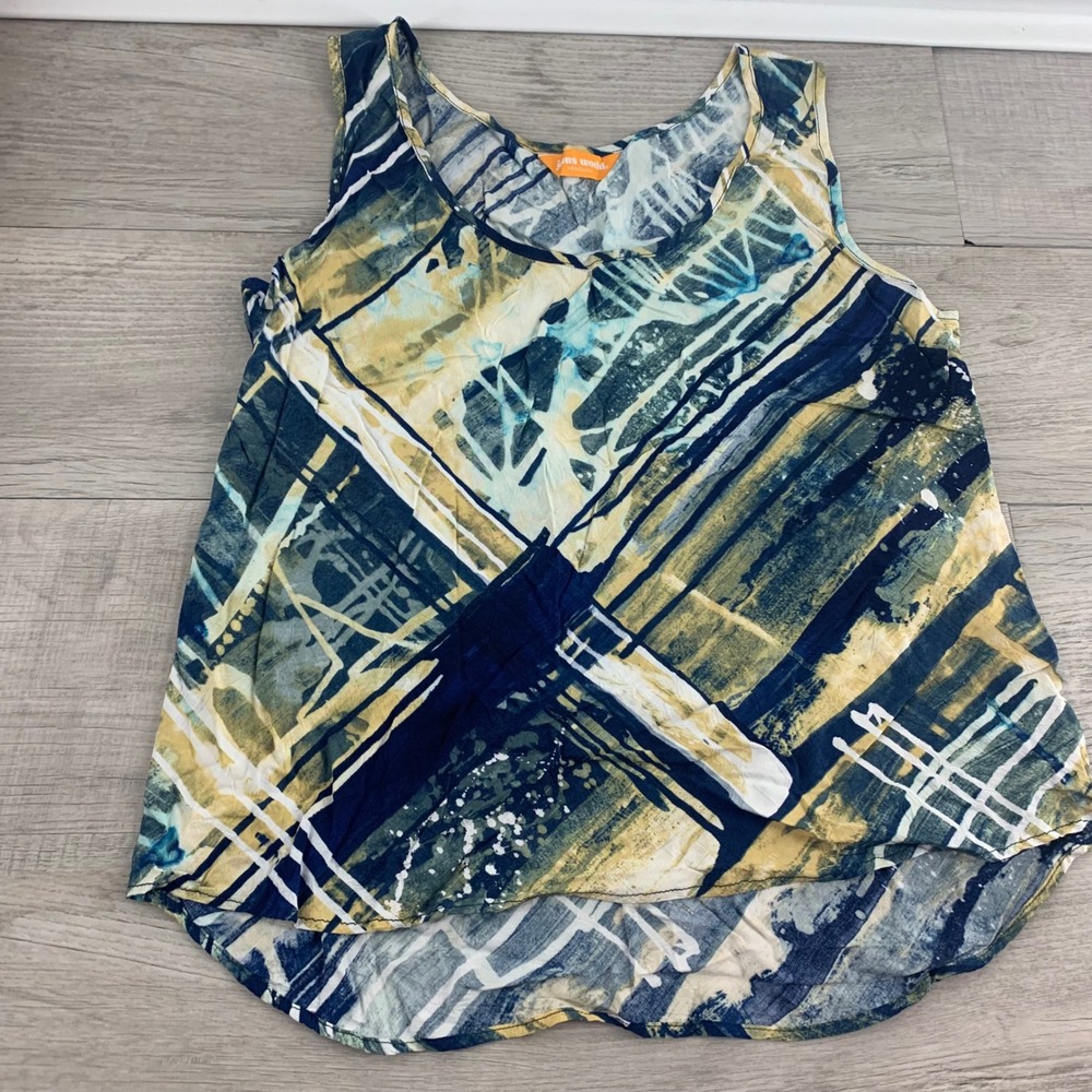 Jams World Blueprint Abstract Rayon Tank Top Womens Large Blue Yellow W655-BINT